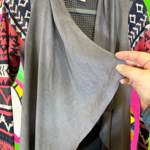 Flying Tomato, Gray and Red Geometric Cardigan Faux Suede. Size Medium. - Picture 2 of 5